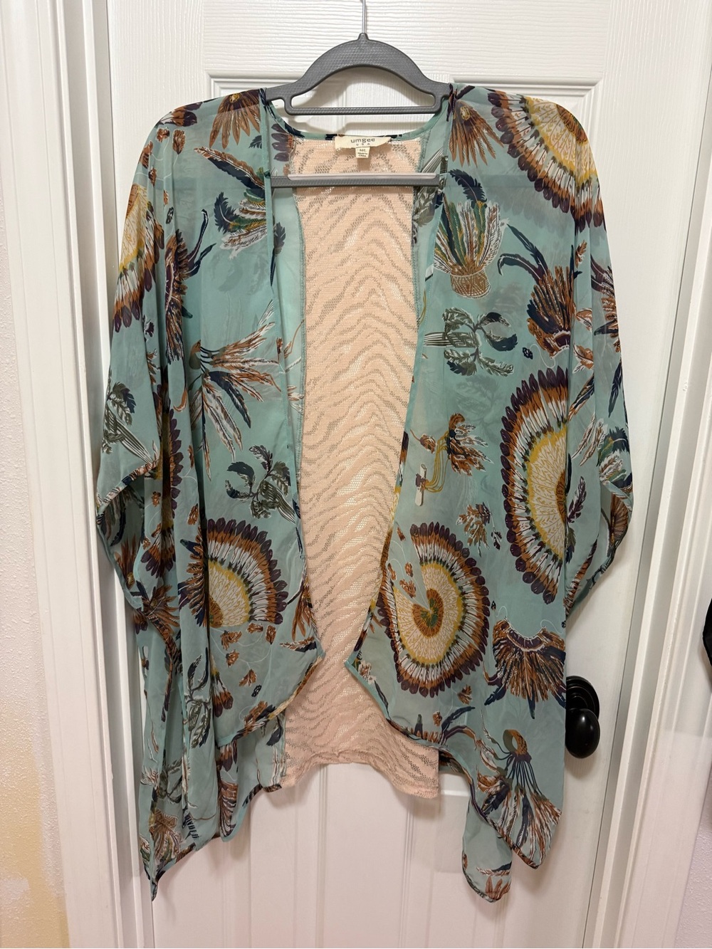 Umgee Seafoam Floral Feather Open-Front Kimono